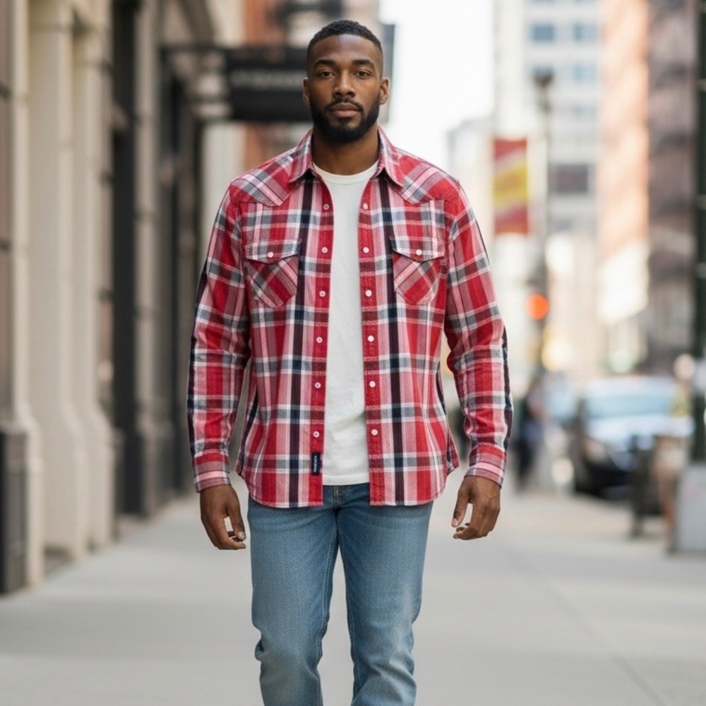 American Rag Cie Men's Large Red White Black Plaid Long Sleeve Button-Up